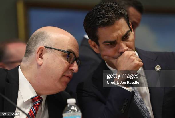 City of Miami Manager Emilio T. Gonzalez and Miami Mayor Francis Suarez speak during a meeting at the Miami City Hall about building a Major League...