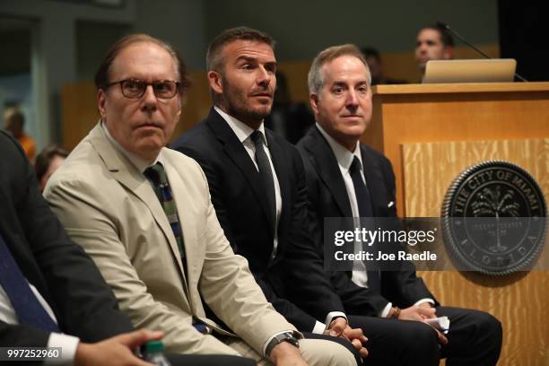 Architect Bernardo Fort-Brescia, David Beckham and Jorge Mas attend a pubic hearing at the Miami City Hall about building a Major League soccer...