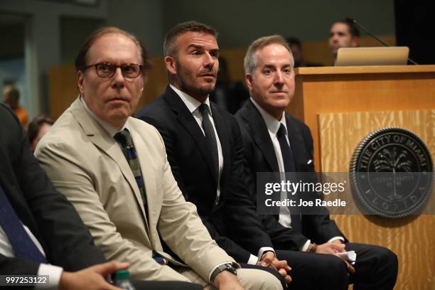 Architect Bernardo Fort-Brescia, David Beckham and Jorge Mas attend a pubic hearing at the Miami City Hall about building a Major League soccer...