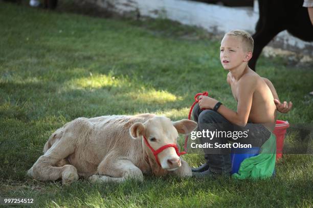 Carter Koenig gets a calf ready to show at the Iowa County Fair on July 12, 2018 in Marengo, Iowa. The fair, like many in counties throughout the...