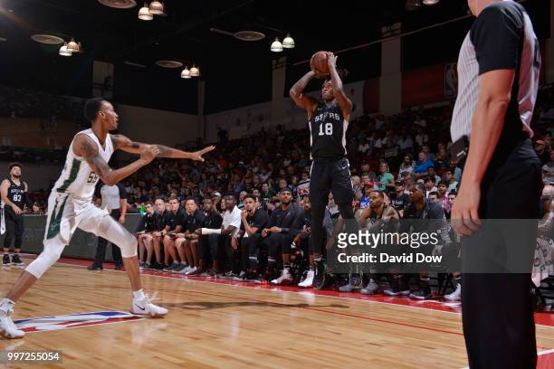 Lonnie Walker IV of the San Antonio Spurs shoots the ball against the Milwaukee Bucks during the 2018 Las Vegas Summer League on July 12, 2018 at the...