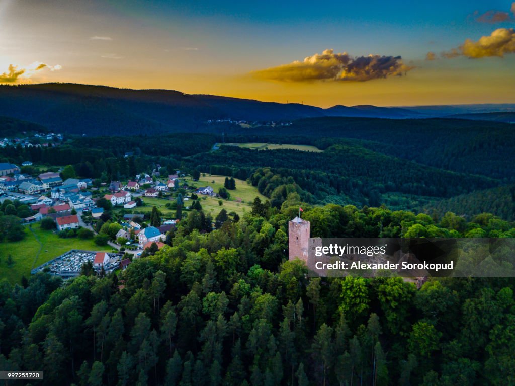 Ruins of medieval castle Wangenbourg aerial drone view, Alsace, France
