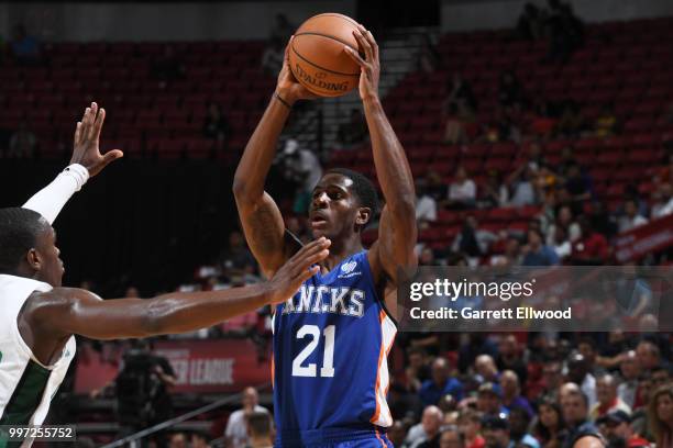 Damyean Dotson of the New York Knicks handles the ball against the Boston Celtics during the 2018 Las Vegas Summer League on July 12, 2018 at the...