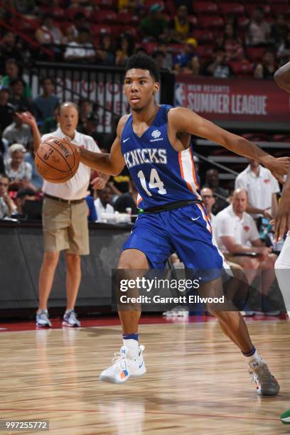 Allonzo Trier of the New York Knicks handles the ball against the Boston Celtics during the 2018 Las Vegas Summer League on July 12, 2018 at the...