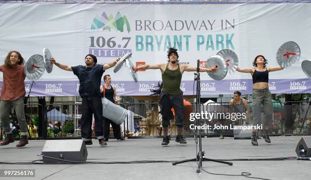 Alan Asuncion, Ivan Salazar, John Gavin, Josh Cruz, Kya Cowart, Marivaldo Dos Santos Simeon Weedall and Taylor Lee of "Stomp" perform during 106.7...