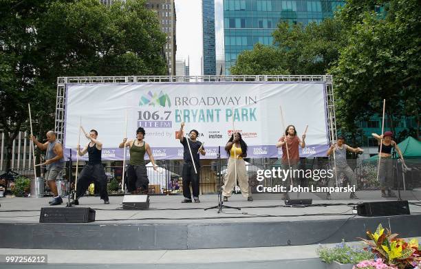 Alan Asuncion, Ivan Salazar, John Gavin, Josh Cruz, Kya Cowart, Marivaldo Dos Santos Simeon Weedall and Taylor Lee of "Stomp" perform during 106.7...