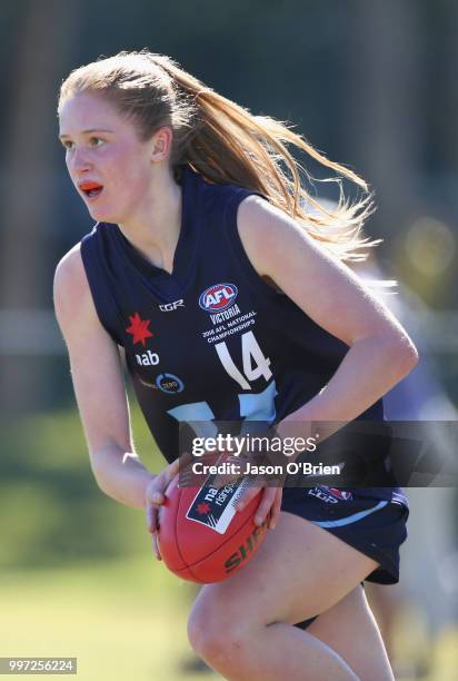 Vic Metro's Isabella Grant in action during the AFLW U18 Championships match between Vic Metro v Central Allies at Bond University on July 13, 2018...