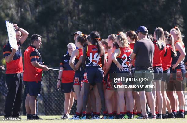Central's Jimmy Driscoll addresses his team during the AFLW U18 Championships match between Vic Metro v Central Allies at Bond University on July 13,...