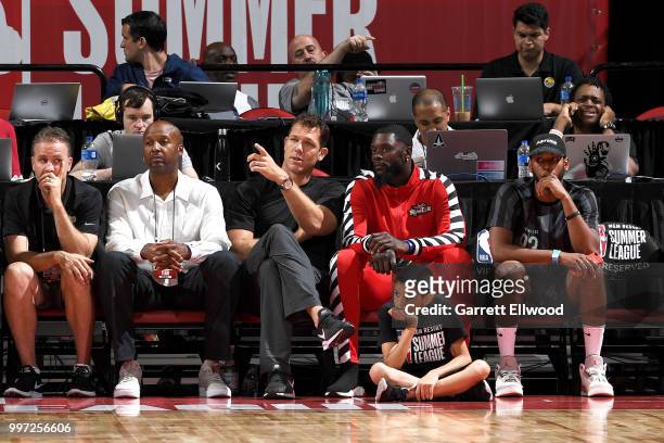 Head Coach Luke Walton and Lance Stephenson of the Los Angeles Lakers look on during the game against the LA Clippers during the 2018 Las Vegas...