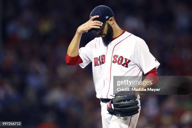 David Price of the Boston Red Sox is relieved during the seventh inning against the Toronto Blue Jays at Fenway Park on July 12, 2018 in Boston,...