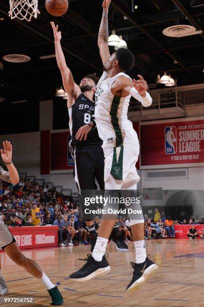 London Perrantes of the San Antonio Spurs shoots the ball against the Milwaukee Bucks during the 2018 Las Vegas Summer League on July 12, 2018 at the...