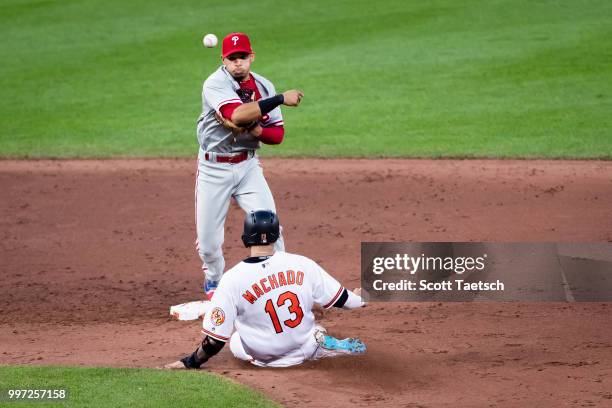 Cesar Hernandez of the Philadelphia Phillies retires Manny Machado of the Baltimore Orioles during the sixth inning at Oriole Park at Camden Yards on...