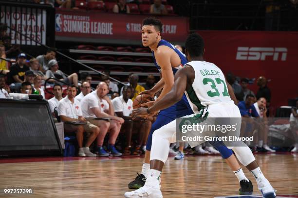 Kevin Knox of the New York Knicks handles the ball against the Boston Celtics during the 2018 Las Vegas Summer League on July 12, 2018 at the Thomas...