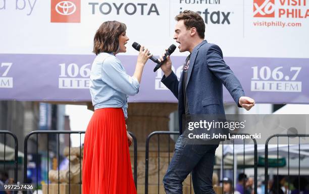 Katharine McPhee and Erich Bergen of Waitress perform during 106.7 LITE FM's Broadway in Bryant Park on July 12, 2018 in New York City.