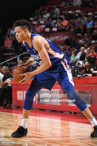 Kevin Knox of the New York Knicks handles the ball against the Boston Celtics during the 2018 Las Vegas Summer League on July 12, 2018 at the Thomas...