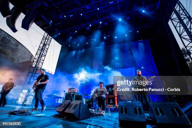 Barry Burns , Stuart Braithwaite and Dominic Aitchison of Mogwai performs on stage on July 10, 2018 in Rome, Italy.