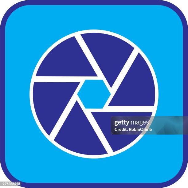 blue and white camera shutter icon - robinolimb stock illustrations