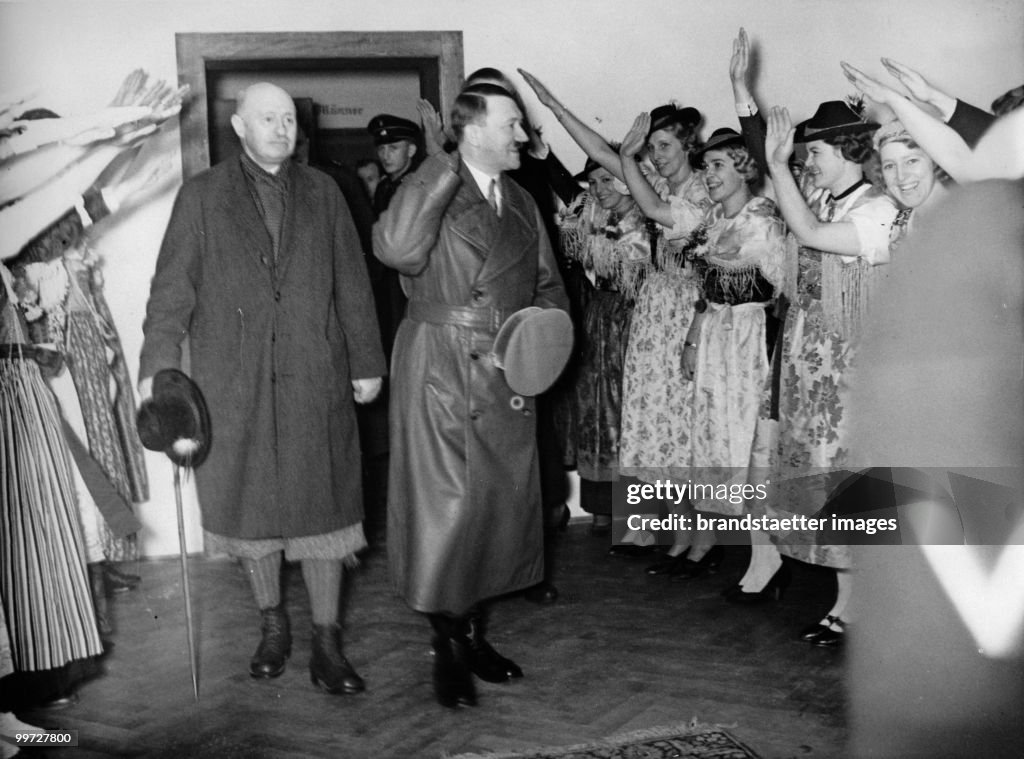 Adolf Hitler and Henri de Baillet-Latour, president of the IOC, on their arrival at the Olympic House. Photograph. 1936. (Photo by Austrian Archives (S)/Imagno/Getty Images)