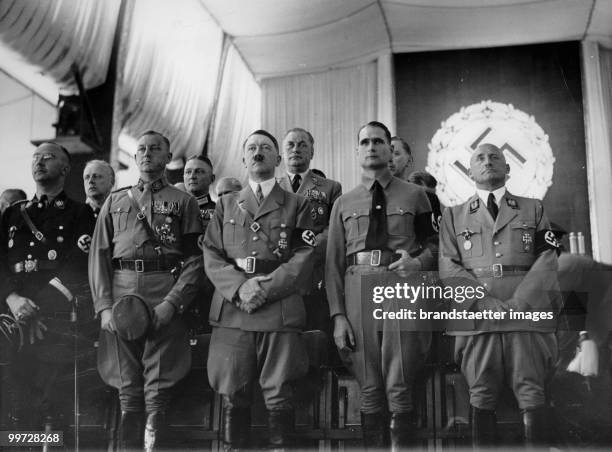 Opening of the 'Nuremberg Rally for work' in the Luitpoldhalle. F. L: Heinrich Himmler, Viktor Lutze, Adolf Hitler, Rudolf Hess and Julius Streicher....