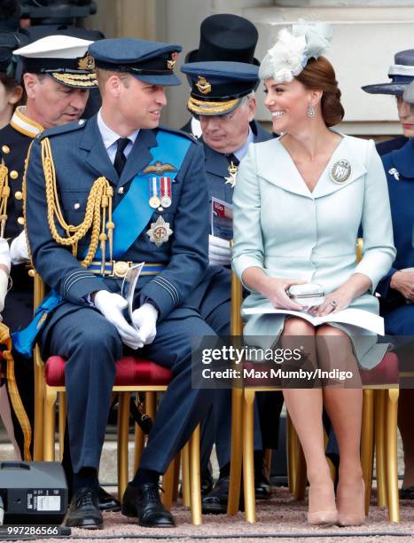 Prince William, Duke of Cambridge and Catherine, Duchess of Cambridge attend a ceremony to mark the centenary of the Royal Air Force on the forecourt...