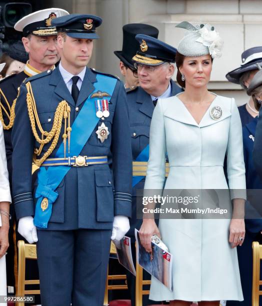 Prince William, Duke of Cambridge and Catherine, Duchess of Cambridge attend a ceremony to mark the centenary of the Royal Air Force on the forecourt...