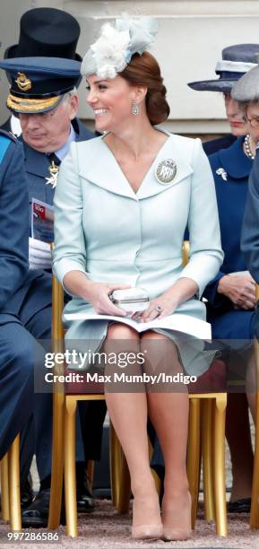 Catherine, Duchess of Cambridge attends a ceremony to mark the centenary of the Royal Air Force on the forecourt of Buckingham Palace on July 10,...