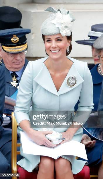 Catherine, Duchess of Cambridge attends a ceremony to mark the centenary of the Royal Air Force on the forecourt of Buckingham Palace on July 10,...