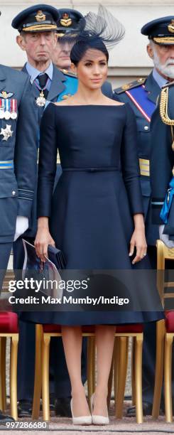 Meghan, Duchess of Sussex attends a ceremony to mark the centenary of the Royal Air Force on the forecourt of Buckingham Palace on July 10, 2018 in...