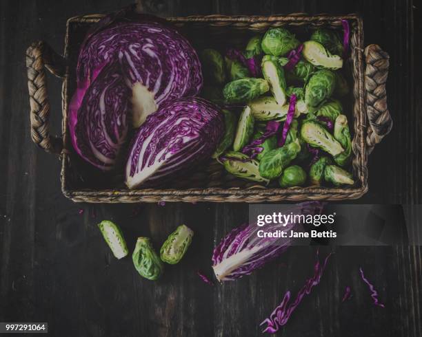 cabbage and brussle sprouts in a basket - jane boone stock-fotos und bilder