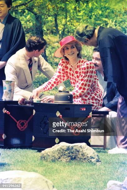 Prince Charles, Prince of Wales and Princess Diana, Princess of Wales attend an outdoor tea ceremony at Nijo Castle on May 9, 1986 in Kyoto, Japan.