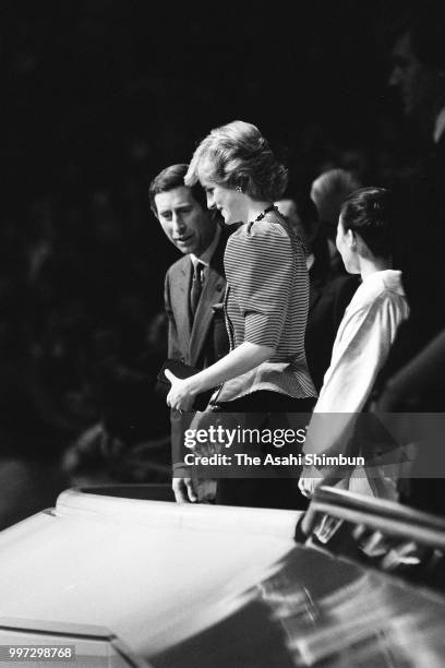 Prince Charles, Prince of Wales and Princess Diana, Princess of Wales are seen prior to watching sumo bouts with Prince Tomohito and Princess Nobuko...