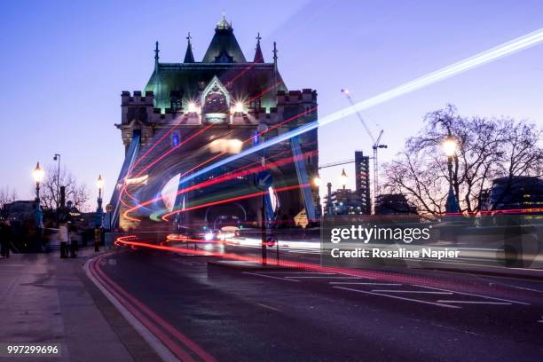 tower brdige, london light trails - napier street stock pictures, royalty-free photos & images