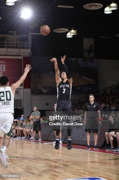 Olivier Hanlan of the San Antonio Spurs shoots the ball against the Milwaukee Bucks during the 2018 Las Vegas Summer League on July 12, 2018 at the...