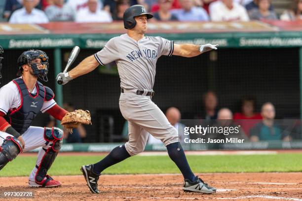 Brett Gardner of the New York Yankees hits a two run home run during the third inning against the Cleveland Indians at Progressive Field on July 12,...