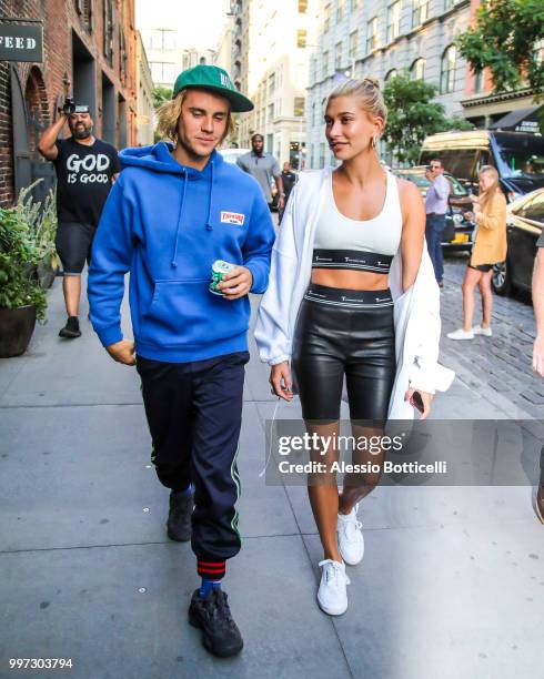 Justin Bieber and Hailey Baldwin are seen heading to dinner in Dumbo on July 12, 2018 in New York, New York.