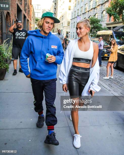 Justin Bieber and Hailey Baldwin are seen heading to dinner in Dumbo on July 12, 2018 in New York, New York.