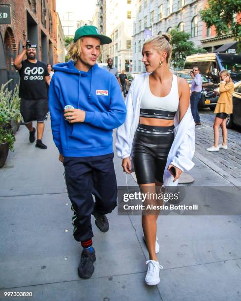 Justin Bieber and Hailey Baldwin are seen heading to dinner in Dumbo on July 12, 2018 in New York, New York.