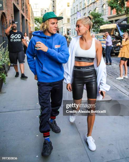 Justin Bieber and Hailey Baldwin are seen heading to dinner in Dumbo on July 12, 2018 in New York, New York.