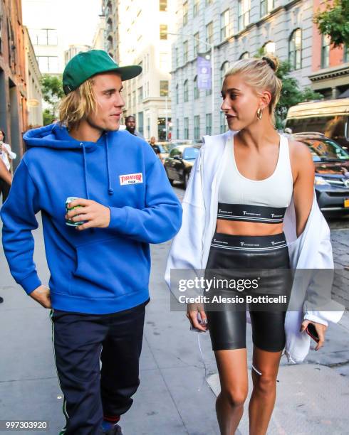 Justin Bieber and Hailey Baldwin are seen heading to dinner in Dumbo on July 12, 2018 in New York, New York.