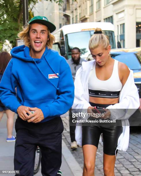 Justin Bieber and Hailey Baldwin are seen heading to dinner in Dumbo on July 12, 2018 in New York, New York.