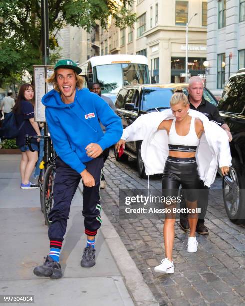 Justin Bieber and Hailey Baldwin are seen heading to dinner in Dumbo on July 12, 2018 in New York, New York.