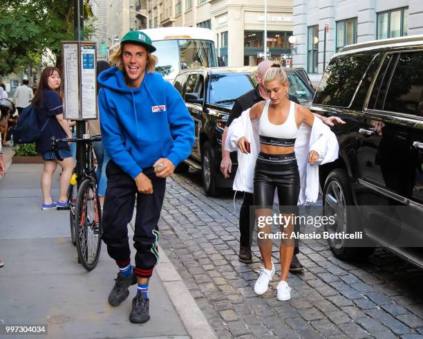 Justin Bieber and Hailey Baldwin are seen heading to dinner in Dumbo on July 12, 2018 in New York, New York.