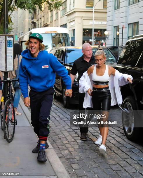 Justin Bieber and Hailey Baldwin are seen heading to dinner in Dumbo on July 12, 2018 in New York, New York.