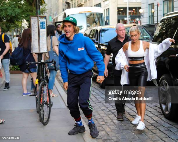 Justin Bieber and Hailey Baldwin are seen heading to dinner in Dumbo on July 12, 2018 in New York, New York.