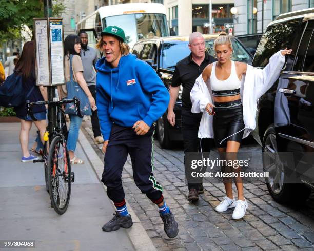 Justin Bieber and Hailey Baldwin are seen heading to dinner in Dumbo on July 12, 2018 in New York, New York.