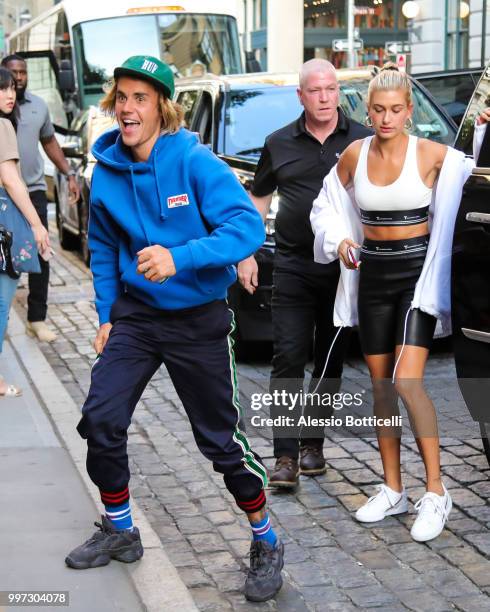 Justin Bieber and Hailey Baldwin are seen heading to dinner in Dumbo on July 12, 2018 in New York, New York.