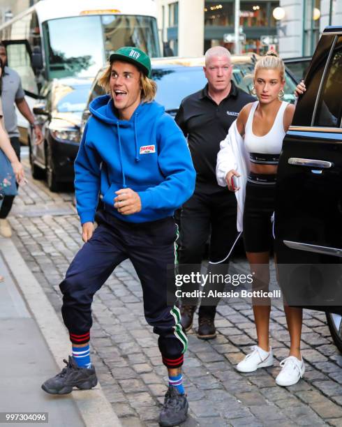 Justin Bieber and Hailey Baldwin are seen heading to dinner in Dumbo on July 12, 2018 in New York, New York.