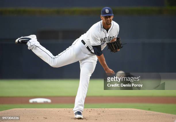 Tyson Ross of the San Diego Padres pitches during the first inning of a baseball game against the Los Angeles Dodgers at PETCO Park on July 12, 2018...