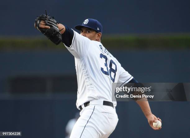 Tyson Ross of the San Diego Padres pitches during the first inning of a baseball game against the Los Angeles Dodgers at PETCO Park on July 12, 2018...