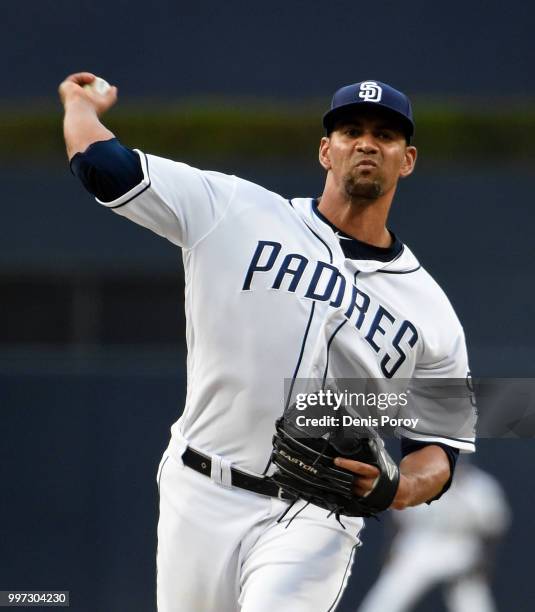 Tyson Ross of the San Diego Padres pitches during the first inning of a baseball game against the Los Angeles Dodgers at PETCO Park on July 12, 2018...